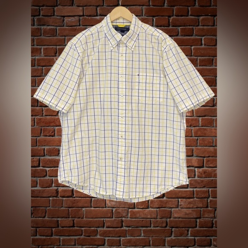 TOMMY HILFIGER 80’s Two Ply Cotton Yellow & Blue Plaid Button Down Shirt Sz L